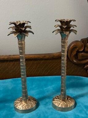 Vintage Hollywood Regency Solid Brass Palm Tree 🌴 Candle Sticks 10 3/4” Set of 2